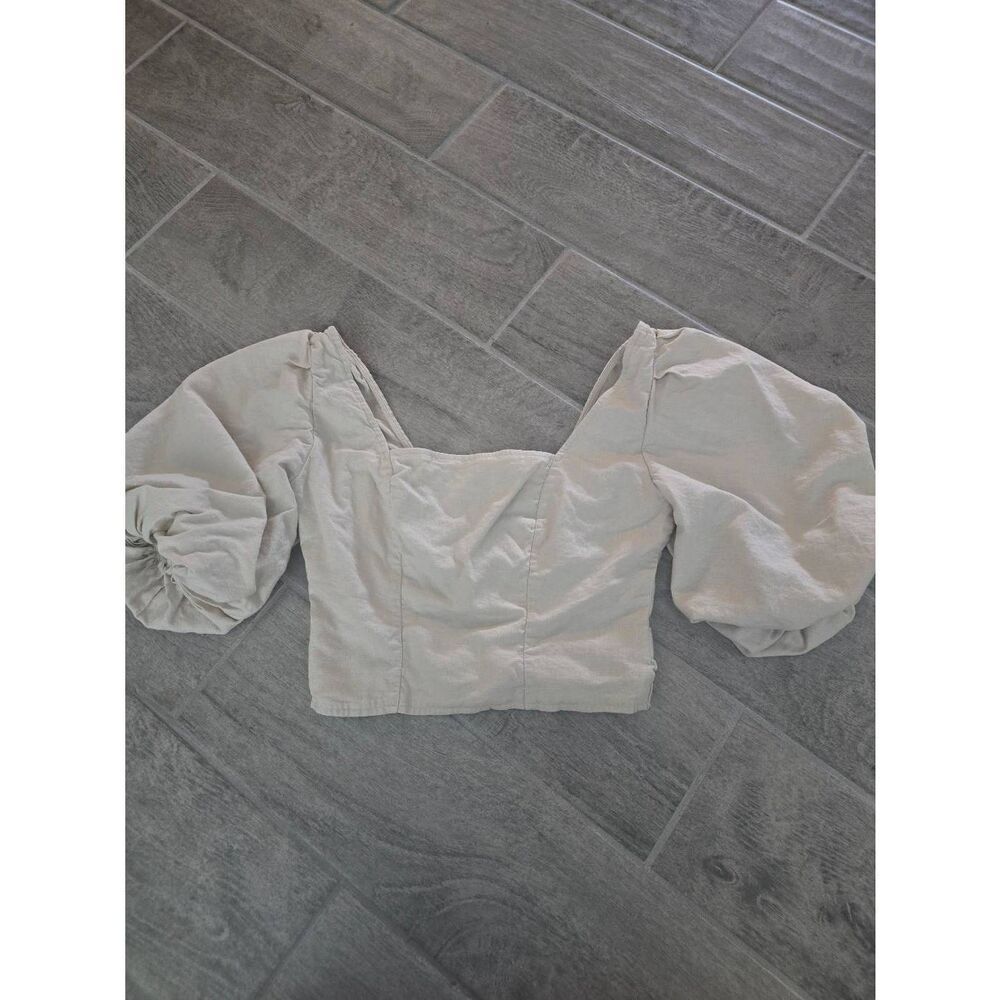 Open Edit Square Neck Puff Sleeve Crop Top‎ Beige Size Small